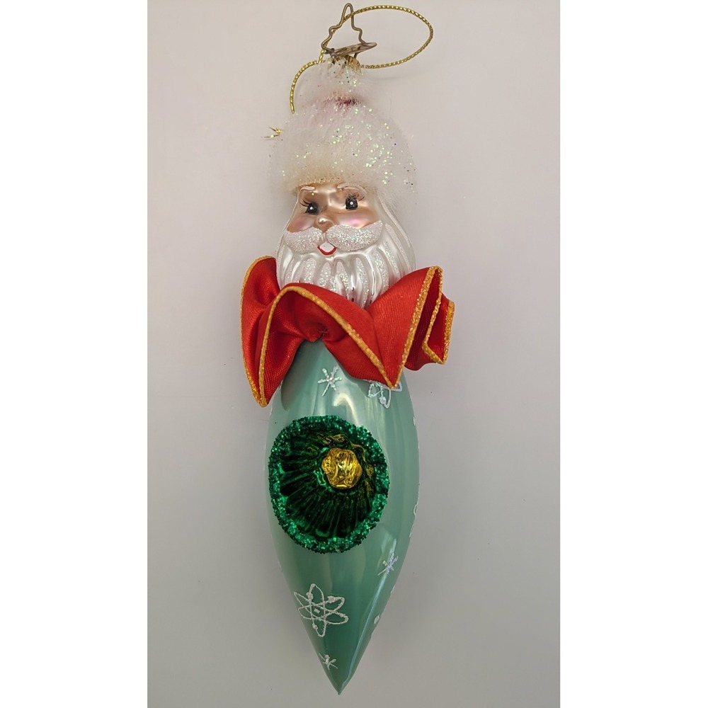 Christopher Radko Santa Teardrop Icicle Ornament Green Reflector Indent